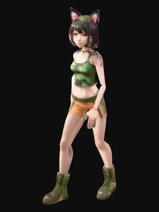 3D model for thin anime girl, t pose, jungle outfit, midriff, cat ears