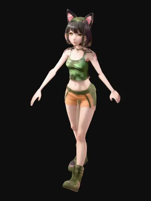 3D model for thin anime girl, t pose, jungle outfit, midriff, cat ears