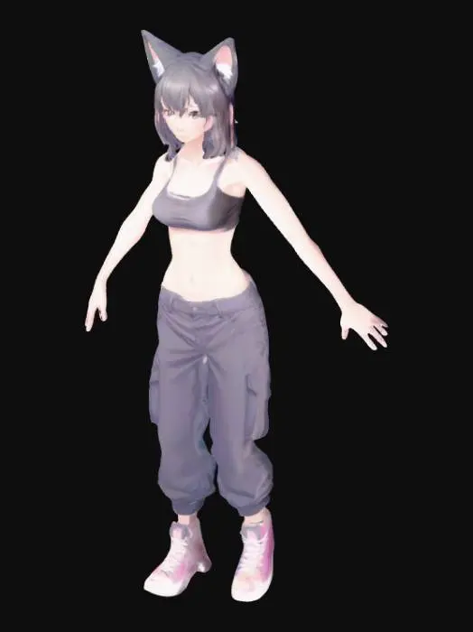 3D model for thin anime girl, t pose, tomboy, midriff, cat ears