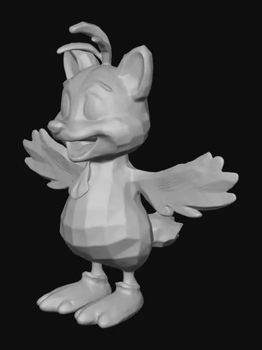 3D model for Crea un personaje con cabeza de perro, cuerpo de pájaro y patas cortas con zapatos. Quiero que esté feliz y sea adorable.