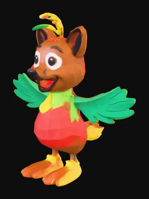3D model for Crea un personaje con cabeza de perro, cuerpo de pájaro y patas cortas con zapatos. Quiero que esté feliz y sea adorable.