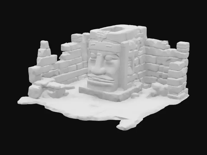 3D model for A 2.5D isometric game asset presents a close-up of ancient ruins, dominated by a majestic Olmec face statue. Carved from dark, weathered basalt, the colossal head features a broad, stoic face with full lips and a flattened nose, wearing a distinct, rigid helmet. Surrounding it are crumbling stone blocks and partial walls, their surfaces rough with age and faint green moss. The monumental stone structures display deep cracks and erosion, hinting at their immense antiquity and solid, unyielding nature, rendered with clear, low-polygon forms.