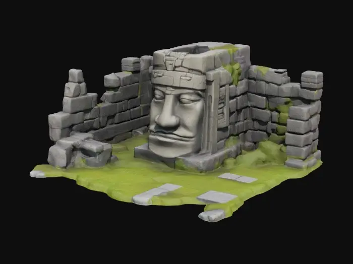 3D model for A 2.5D isometric game asset presents a close-up of ancient ruins, dominated by a majestic Olmec face statue. Carved from dark, weathered basalt, the colossal head features a broad, stoic face with full lips and a flattened nose, wearing a distinct, rigid helmet. Surrounding it are crumbling stone blocks and partial walls, their surfaces rough with age and faint green moss. The monumental stone structures display deep cracks and erosion, hinting at their immense antiquity and solid, unyielding nature, rendered with clear, low-polygon forms.