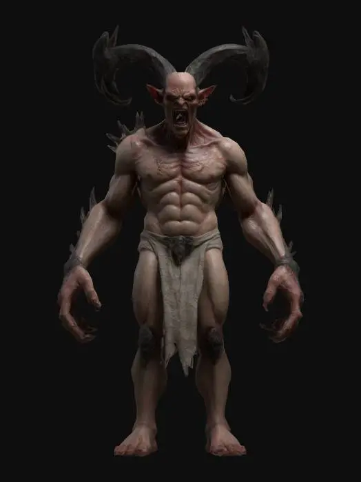 3D model for reate a 3D rig of an Angry hell god without a shirt highly detailed embedded pattrens on skin,. The character should have realistic, aged and convincing evil features , a towering posture. Ensure the rig includes fully articulated limbs, a flexible spine, and detailed facial expressions that can convey a range of emotions The character should have realistic skin textures and be uniform and details associated with an Evil God like mythical creature