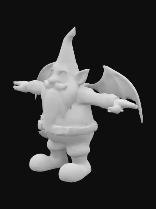 3D model for T-posed video game character, steampunk bat-winged gnome wearing red leather with red PEU  tape at the tops of the black engineer boots and throughout patching the suit. Blue flame hatted Lighter gnome in his right hand and a pipe clenched in his teeth, long white beard, t-pose, whimsical
