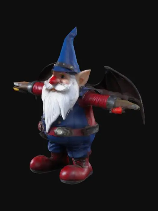 3D model for T-posed video game character, steampunk bat-winged gnome wearing red leather with red PEU  tape at the tops of the black engineer boots and throughout patching the suit. Blue flame hatted Lighter gnome in his right hand and a pipe clenched in his teeth, long white beard, t-pose, whimsical