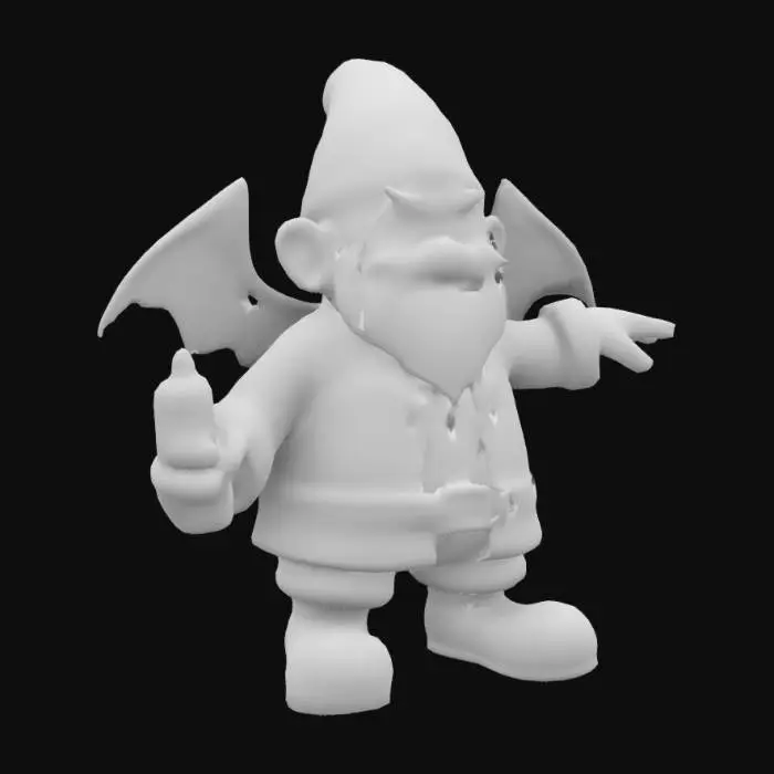 3D model for T-posed video game character, steampunk bat-winged gnome wearing red leather with black PEU  tape at the tops of the black engineer boots and throughout his atire patching the suit, in one hand he holds a Blue suited minituarized gnome mage whom acts as his Lighter, in his clenched teeth he holds a pipe, he has long salt and pepper inventor or mad scientist wild goatee and mustache, t-pose