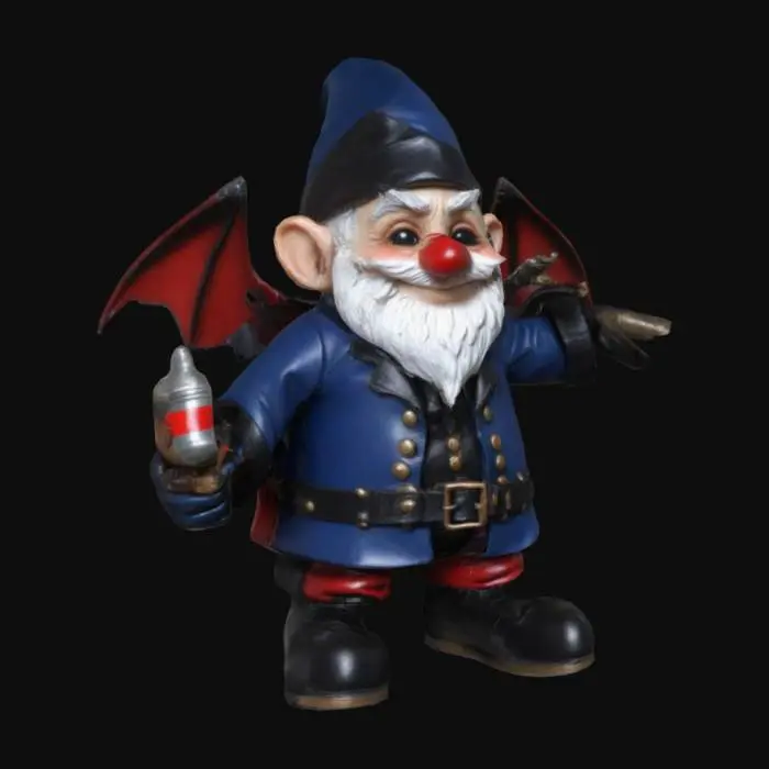 3D model for T-posed video game character, steampunk bat-winged gnome wearing red leather with black PEU  tape at the tops of the black engineer boots and throughout his atire patching the suit, in one hand he holds a Blue suited minituarized gnome mage whom acts as his Lighter, in his clenched teeth he holds a pipe, he has long salt and pepper inventor or mad scientist wild goatee and mustache, t-pose