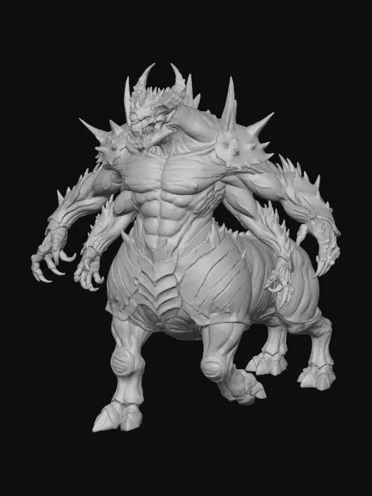3D model for Eldritch Muscular Behemoth; Lovecraftian Cyclops; four arms; Body of a rhino, Torso of a man; four legs; Abomination; Savage; Vicious; Alien; Horrifying; Centaur-like; Side view; armored obsidian-like scales;