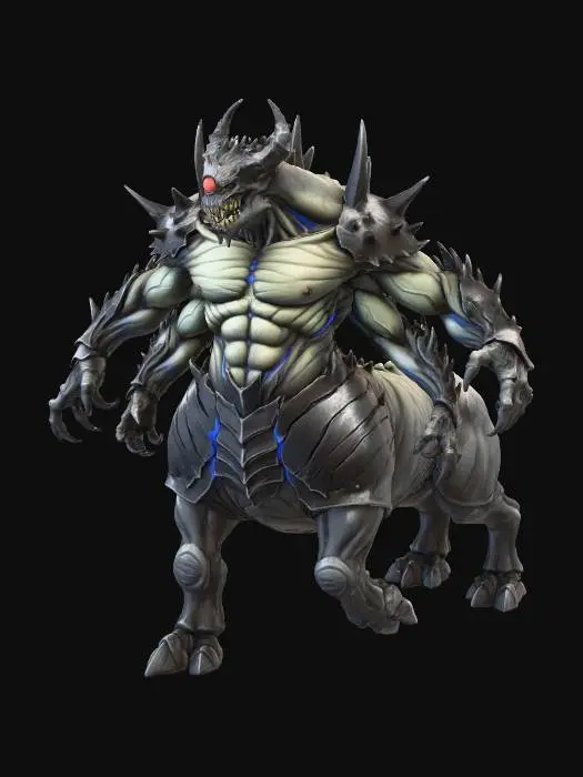 3D model for Eldritch Muscular Behemoth; Lovecraftian Cyclops; four arms; Body of a rhino, Torso of a man; four legs; Abomination; Savage; Vicious; Alien; Horrifying; Centaur-like; Side view; armored obsidian-like scales;
