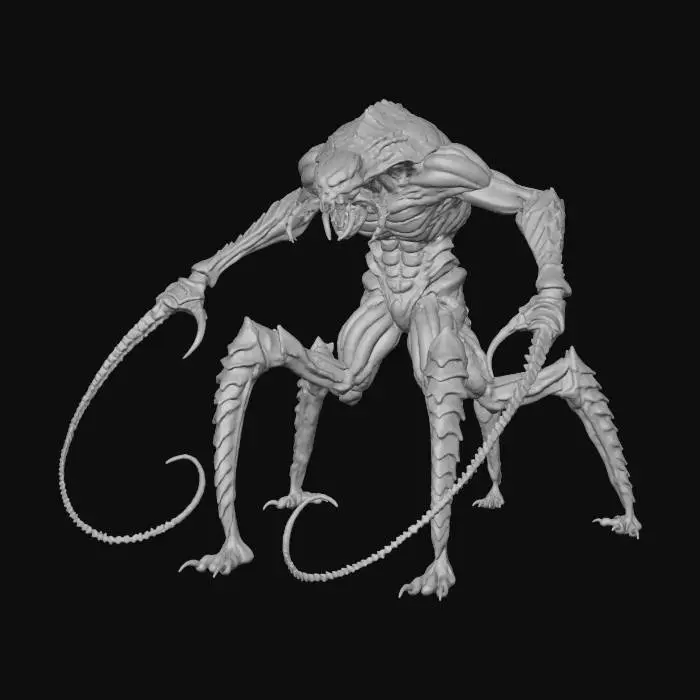 3D model for a monstrous humanoid version of the tailless whip scorpion; 4 legs; 2 very elongated arms ending in whip-like stingers