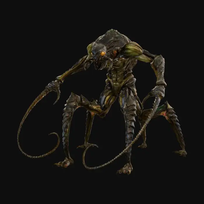3D model for a monstrous humanoid version of the tailless whip scorpion; 4 legs; 2 very elongated arms ending in whip-like stingers