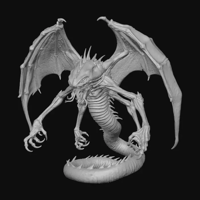 3D model for Kaiju creature; slick snake body; long tail; razor fins; four long arms; large hands with long clawed fingers; long eel like head; multiple insect-like eye; long tentacle-like tongue; long coiling tail; extra-large bat-like membranous wings; Lovecraftian; eldritch; alien; very large canopy wings; arched wings; large arch; coiled spiral tail; nihil; entropy; void; Azathoth; Tail coiling into a spiral at a flat base