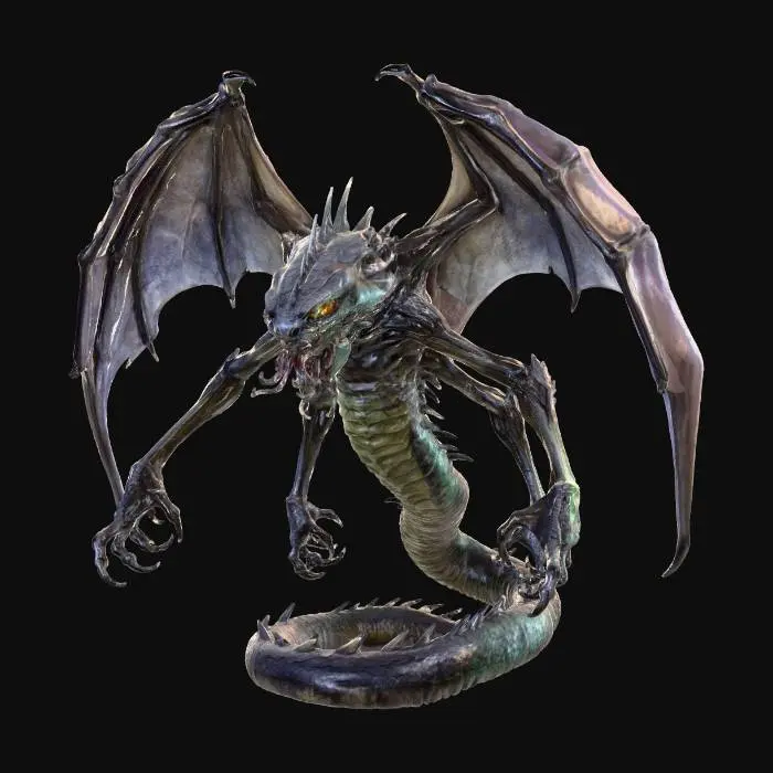 3D model for Kaiju creature; slick snake body; long tail; razor fins; four long arms; large hands with long clawed fingers; long eel like head; multiple insect-like eye; long tentacle-like tongue; long coiling tail; extra-large bat-like membranous wings; Lovecraftian; eldritch; alien; very large canopy wings; arched wings; large arch; coiled spiral tail; nihil; entropy; void; Azathoth; Tail coiling into a spiral at a flat base