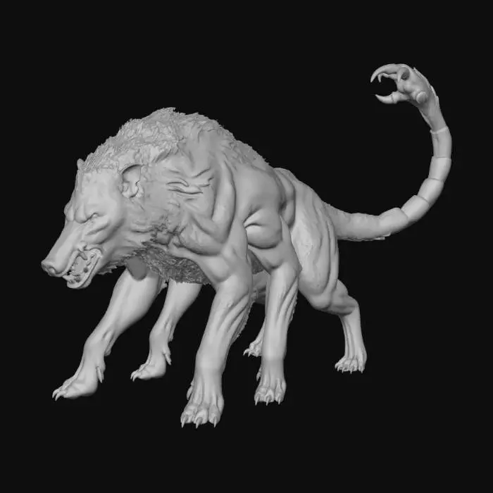 3D model for 6 legged beast; powerful; hybrid boar/bear/hyena; fantastic beast; muscular; dark; dark fantasy; grim; nihil; abomination; aberration; subtle grey striping; long tail; clawed tail; dislocatable jaw;