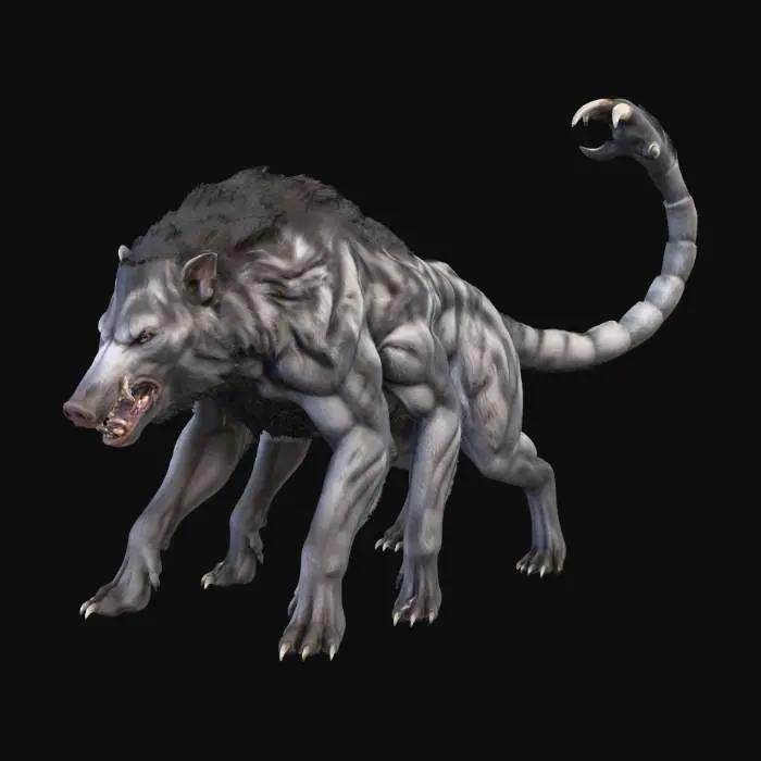 3D model for 6 legged beast; powerful; hybrid boar/bear/hyena; fantastic beast; muscular; dark; dark fantasy; grim; nihil; abomination; aberration; subtle grey striping; long tail; clawed tail; dislocatable jaw;