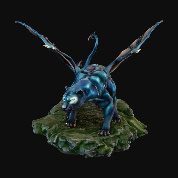 3D model for eldritch feline beast; photo-realistic; six legs; displacer beast; hyper-real; two tails; bat wings