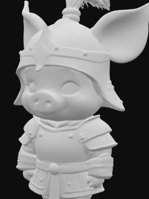 3D model for Cute little piggy, chibi, wearing ancient Thai iron armor.