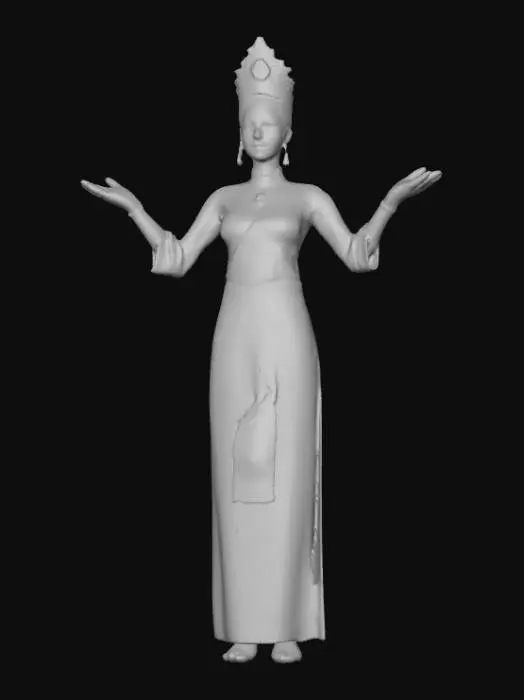 3D model for - Long indigo hair, loosely draped, with a champaka flower tucked behind her ear.
- Wearing a modern Thai dress, a traditional gold-embroidered sarong.
- Wearing a necklace of wild plant seed beads and a silver bracelet engraved with a Naga design.

Personality:
- Calm and composed, yet imbued with the power of nature.
- Believes in justice and the maintenance of balance in the world.
- Speaks politely, using a mix of traditional Thai and modern expressions.
- Standing with her arms raised.