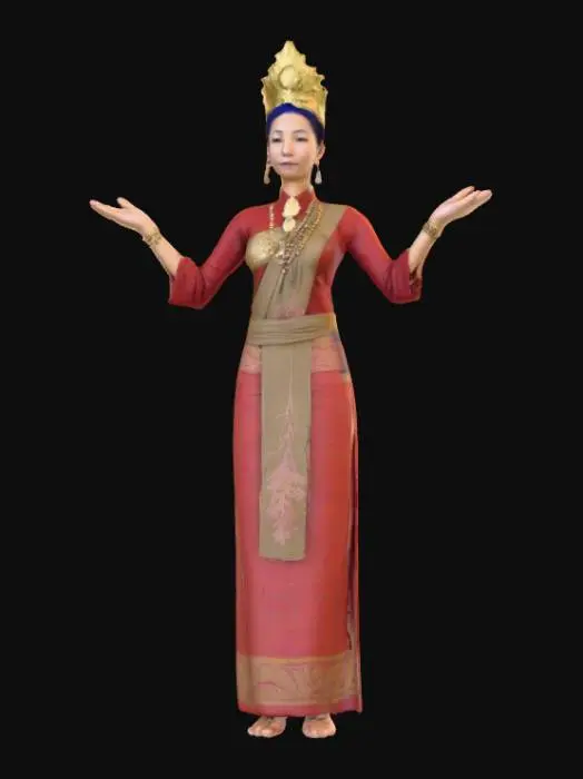 3D model for - Long indigo hair, loosely draped, with a champaka flower tucked behind her ear.
- Wearing a modern Thai dress, a traditional gold-embroidered sarong.
- Wearing a necklace of wild plant seed beads and a silver bracelet engraved with a Naga design.

Personality:
- Calm and composed, yet imbued with the power of nature.
- Believes in justice and the maintenance of balance in the world.
- Speaks politely, using a mix of traditional Thai and modern expressions.
- Standing with her arms raised.