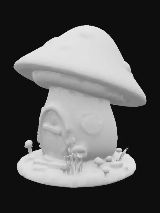 3D model for A whimsical mushroom-shaped gnome house, with a large red cap dotted with white spots, a wooden door with a few round windows and tiny stone steps. 