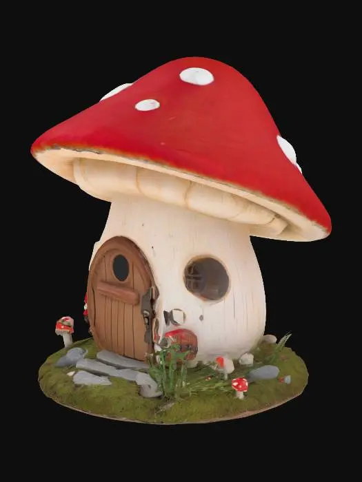 3D model for A whimsical mushroom-shaped gnome house, with a large red cap dotted with white spots, a wooden door with a few round windows and tiny stone steps. 
