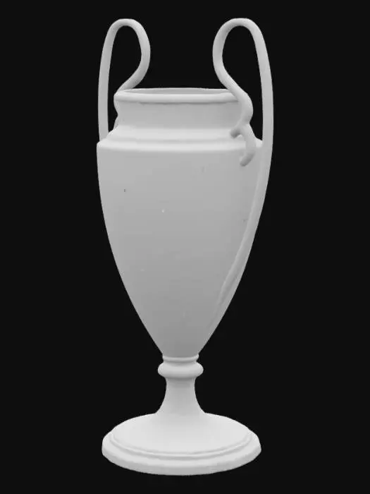 3D model for To Meshy AI, the UEFA Champions League trophy, 73.5 cm tall, is a sterling silver cup with a mirror-polished, reflective surface. Its rounded bowl, 30 cm wide at the flared rim, tapers smoothly to a narrow base, with fluid, curved surfaces. Two large, flat handles, 3 cm wide, arc gracefully from rim to base, blending seamlessly. A 10 cm slender neck, narrowing at its midpoint, joins an octagonal base, 20 cm wide, with chamfered edges for a soft geometric look. A starball UEFA logo embosses the bowl’s front below the rim. Use a high-resolution front-view image on a white background, export in GLB format, with high polygon count for smooth curves, sharp edges, and a metallic, reflective texture to mimic silver’s sheen.