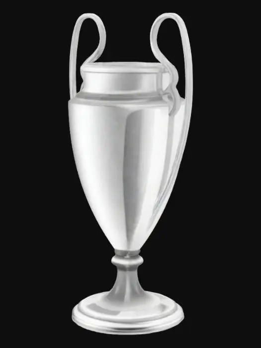 3D model for To Meshy AI, the UEFA Champions League trophy, 73.5 cm tall, is a sterling silver cup with a mirror-polished, reflective surface. Its rounded bowl, 30 cm wide at the flared rim, tapers smoothly to a narrow base, with fluid, curved surfaces. Two large, flat handles, 3 cm wide, arc gracefully from rim to base, blending seamlessly. A 10 cm slender neck, narrowing at its midpoint, joins an octagonal base, 20 cm wide, with chamfered edges for a soft geometric look. A starball UEFA logo embosses the bowl’s front below the rim. Use a high-resolution front-view image on a white background, export in GLB format, with high polygon count for smooth curves, sharp edges, and a metallic, reflective texture to mimic silver’s sheen.