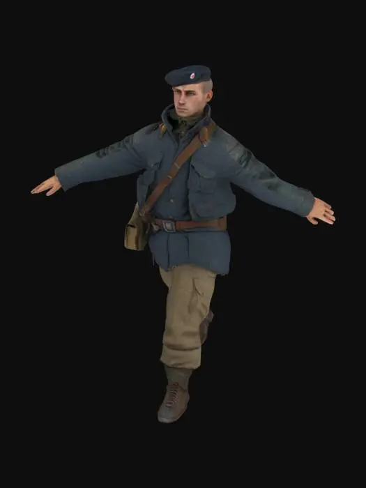 3D model for French resistance soldier, ultra detailed, 4k resolution, t-pose 