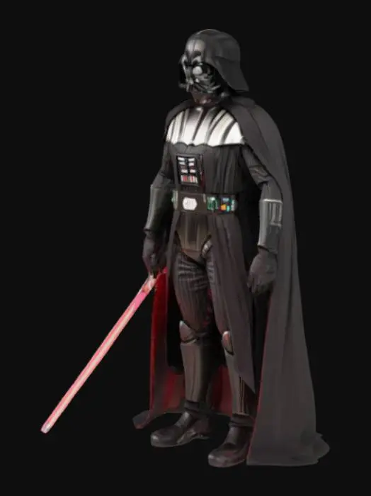 3D model for Darth Vader holding a lightsaber in right hand while his left hand is on the hip. 