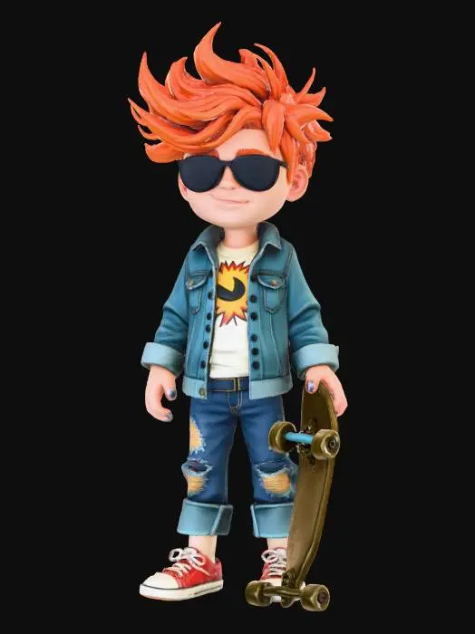3D model for A 3D model in a vibrant comic book style featuring a ginger boy with a windswept, flame-like hairstyle and confident, shaded eyes beneath cool aviator sunglasses. He's clad in a textured blue denim jacket with sharp folds and contrasting seams, a slightly faded cream-colored t-shirt with a bold, graphic print, and dark, battle-worn jeans with dynamic rips. His high-top sneakers feature a canvas texture and thick laces, and he balances playfully on a stylized skateboard, everything defined by strong linework and pop art colors.
