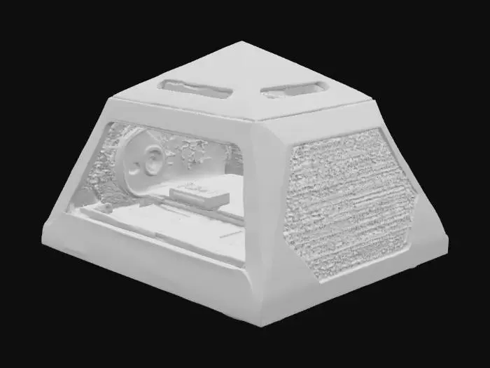 3D model for A 3D model of a miniature pyramid computer case. It is hollow with an open top and features at the back side. The design is futuristic and sleek, with geometric vents cut into each of the four side panels for maximum airflow. It has a brushed metallic surface with a matte black finish and features thin, subtle glowing orange accents running along the edges of the vents. all outlet frame is minimalistic and tech-inspired star wars mesh pattern, High details, use 'Autodesk Fusion 360' for modeling and 'KeyShot' for realistic rendering, Divide the model into several parts to print each part separately.