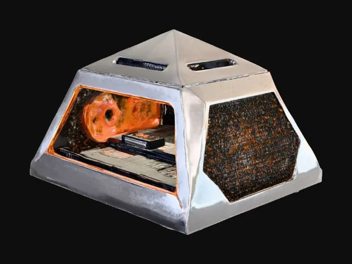 3D model for A 3D model of a miniature pyramid computer case. It is hollow with an open top and features at the back side. The design is futuristic and sleek, with geometric vents cut into each of the four side panels for maximum airflow. It has a brushed metallic surface with a matte black finish and features thin, subtle glowing orange accents running along the edges of the vents. all outlet frame is minimalistic and tech-inspired star wars mesh pattern, High details, use 'Autodesk Fusion 360' for modeling and 'KeyShot' for realistic rendering, Divide the model into several parts to print each part separately.