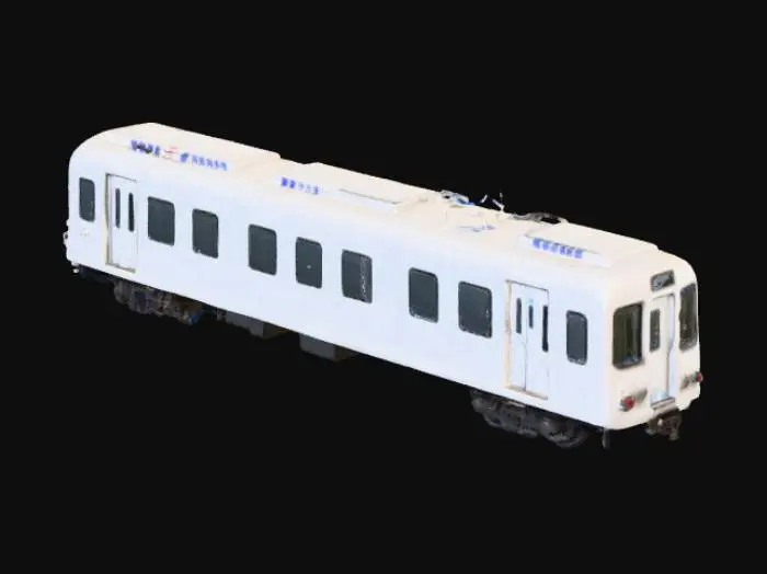 3D model for 一辆地铁车,车门有10扇,每个车门要有玻璃,两个对开,车头要有3块玻璃组成,车下部分有4个车轮及车下附带电器装备,标有“兰州地铁”字样,车身整体颜色为白色,中间部分颜色为蓝色贯穿,车头前方有牵引杆,细节要逼真。