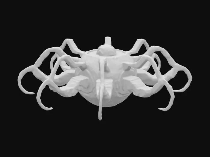 3D model for I need an alien cephalopod like spacecraft. Highly detailed with 6 arms that spread evenly in a hex pattern with the tips all pointed in the same direction.