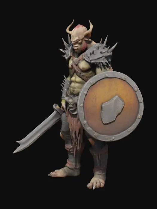 3D model for War Troll in Attack, layered primitive armor , mixing rough metal and leather, spikes, massive claws, very defined anatomy, hulking shape, tower 5 meters tall, fierce, aggressive, natural colors, well lit, dark and gloomy, muted but slightly vibrant colors, distressed surfaces with shild and sword