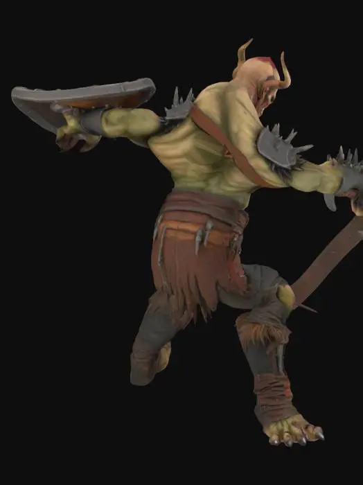 3D model for War Troll in Attack, layered primitive armor , mixing rough metal and leather, spikes, massive claws, very defined anatomy, hulking shape, tower 5 meters tall, fierce, aggressive, natural colors, well lit, dark and gloomy, muted but slightly vibrant colors, distressed surfaces with shild and sword