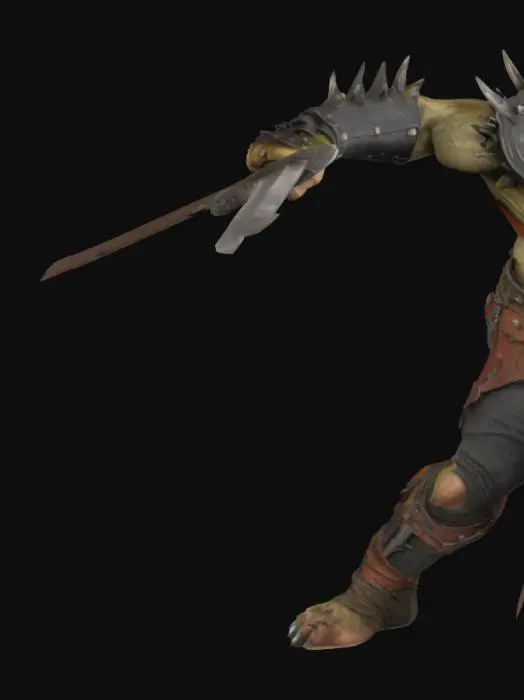 3D model for War Troll in Attack, layered primitive armor , mixing rough metal and leather, spikes, massive claws, very defined anatomy, hulking shape, tower 5 meters tall, fierce, aggressive, natural colors, well lit, dark and gloomy, muted but slightly vibrant colors, distressed surfaces with shild and sword