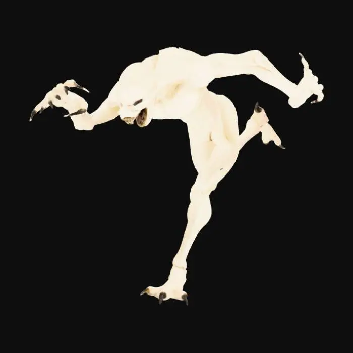 3D model for make a humanoid creature that pale white 8ft 10 long 5 foot long arms with clawed hands no eyes a mouth with jagged teeth and clawed feet