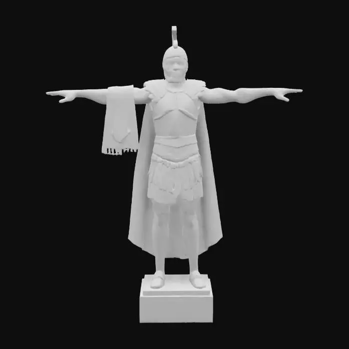 3D model for A realistic 3D model of Marcus Aurelius in Roman armor with laurel engravings. Curly beard, wise expression, full face visible, no helmet. Standing in a T-pose for rigging. Cloak draped over one shoulder, scroll in one hand, other hand resting on a sheathed gladius. Marble base inscribed: “The Obstacle is the Way.”

