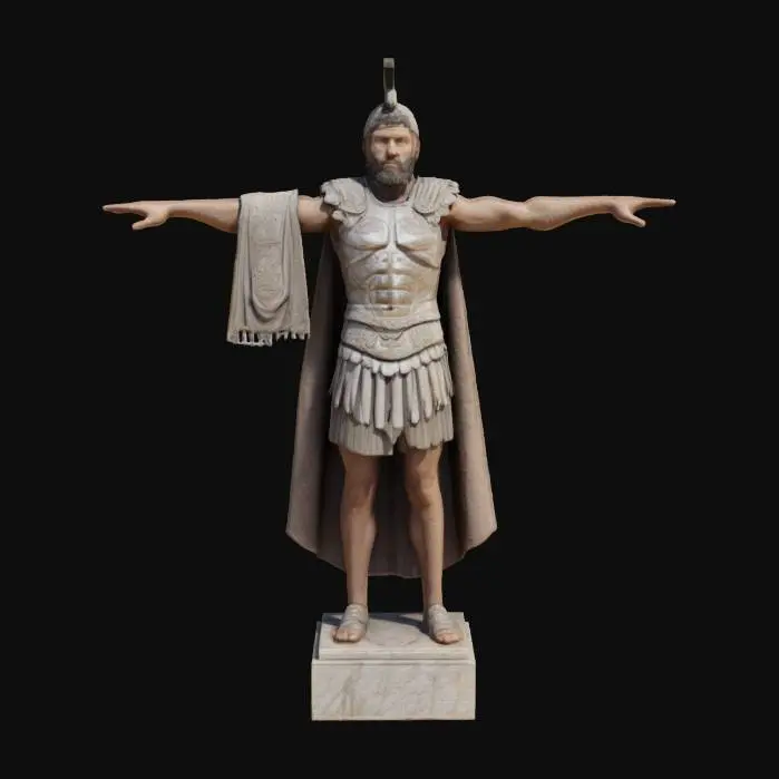3D model for A realistic 3D model of Marcus Aurelius in Roman armor with laurel engravings. Curly beard, wise expression, full face visible, no helmet. Standing in a T-pose for rigging. Cloak draped over one shoulder, scroll in one hand, other hand resting on a sheathed gladius. Marble base inscribed: “The Obstacle is the Way.”

