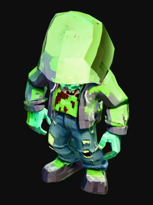 3D model for "A stylized 3D voxel art model of a modern zombie in Minecraft style. Low-poly cubic anatomy, jagged edges. The zombie is wearing a dirty, tattered hoodie and ripped jeans. It has an ugly, menacing face with glowing sunken eyes, a crooked jaw, and rotting green skin textures. Menacing pose, sharp pixelated edges, high-quality voxel grid."