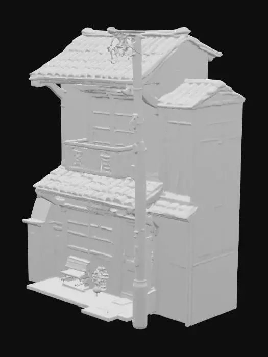 3D model for "A realistic 1950s Japanese two-story wooden townhouse. Traditional tiled roof with slight curvature, sliding wooden and paper shoji doors on the first floor, narrow balcony with wooden railing on the second floor. Weathered wooden exterior walls with some peeling paint. Small shop signboard in front, worn concrete steps, and electrical wires attached to the side. Designed to look authentic for a post-war Japanese street in the 1950s."