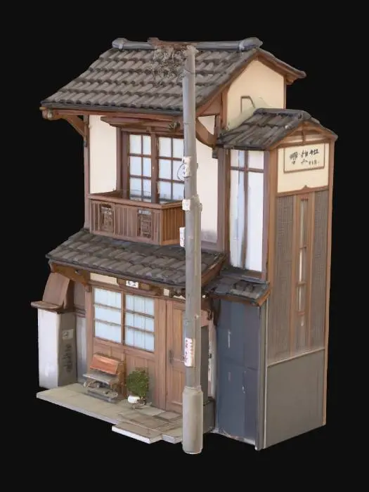 3D model for "A realistic 1950s Japanese two-story wooden townhouse. Traditional tiled roof with slight curvature, sliding wooden and paper shoji doors on the first floor, narrow balcony with wooden railing on the second floor. Weathered wooden exterior walls with some peeling paint. Small shop signboard in front, worn concrete steps, and electrical wires attached to the side. Designed to look authentic for a post-war Japanese street in the 1950s."