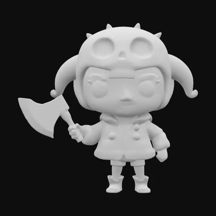 3D model for A cute character with big eyes, small legs, wearing a pink jacket, featuring a curved skull head with spikes and holding an axe"