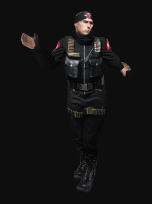 3D model for Rebel soldier, low poly, minimalistic, t-pose, red and black uniform, unarmed, wearing headband