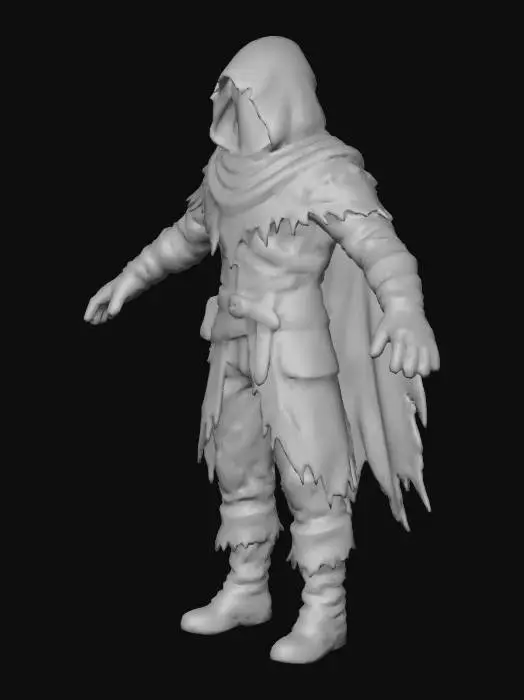 3D model for Je fais un jeu vidéo dans le noir et ou le personnage est une sorte de vagabond et l'un des dernier à posséder la lumière. Je veux un truc dans le style de l'image que je t'ai joint. Je veux qu'il porte une capuche et qu'on voit uniquement 2 ronds blancs pour ses yeux. Fais le moi en T pose pour l'animer plus facilement stp