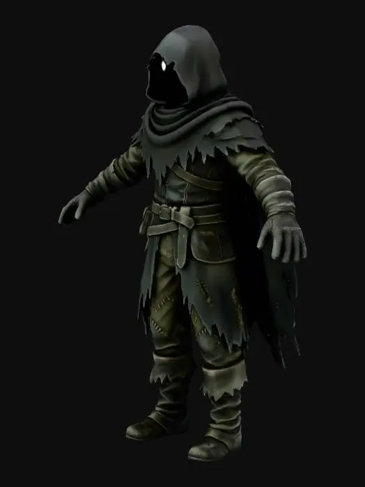 3D model for Je fais un jeu vidéo dans le noir et ou le personnage est une sorte de vagabond et l'un des dernier à posséder la lumière. Je veux un truc dans le style de l'image que je t'ai joint. Je veux qu'il porte une capuche et qu'on voit uniquement 2 ronds blancs pour ses yeux. Fais le moi en T pose pour l'animer plus facilement stp
