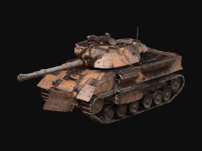 3D model for A brutal, heavily-armored battle tank, built from rusted steel plates and reinforced with spiked barricades. Its massive treads are wrapped in scavenged chains, crushing anything in their path. A cage-like turret houses a jury-rigged autocannon, while side-mounted flamethrowers spew fire. The front sports a jagged, reinforced plow, dented from countless battles. A makeshift roll cage covers the top, with barbed wire and scavenged scrap metal welded across its rugged hull.
