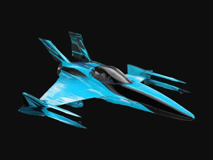 3D model for The Phantom Striker is sleek, angular, and aerodynamic, with a matte-black hull accented by glowing cyan lines tracing its sharp edges. Twin swept-back wings extend gracefully from its slender fuselage, each ending in compact thrusters that pulse blue-white when activated. Its cockpit, encased in tinted transparent armor, reveals holographic displays within. A pair of plasma cannons protrudes beneath the nose, ready to fire with precise, devastating accuracy.